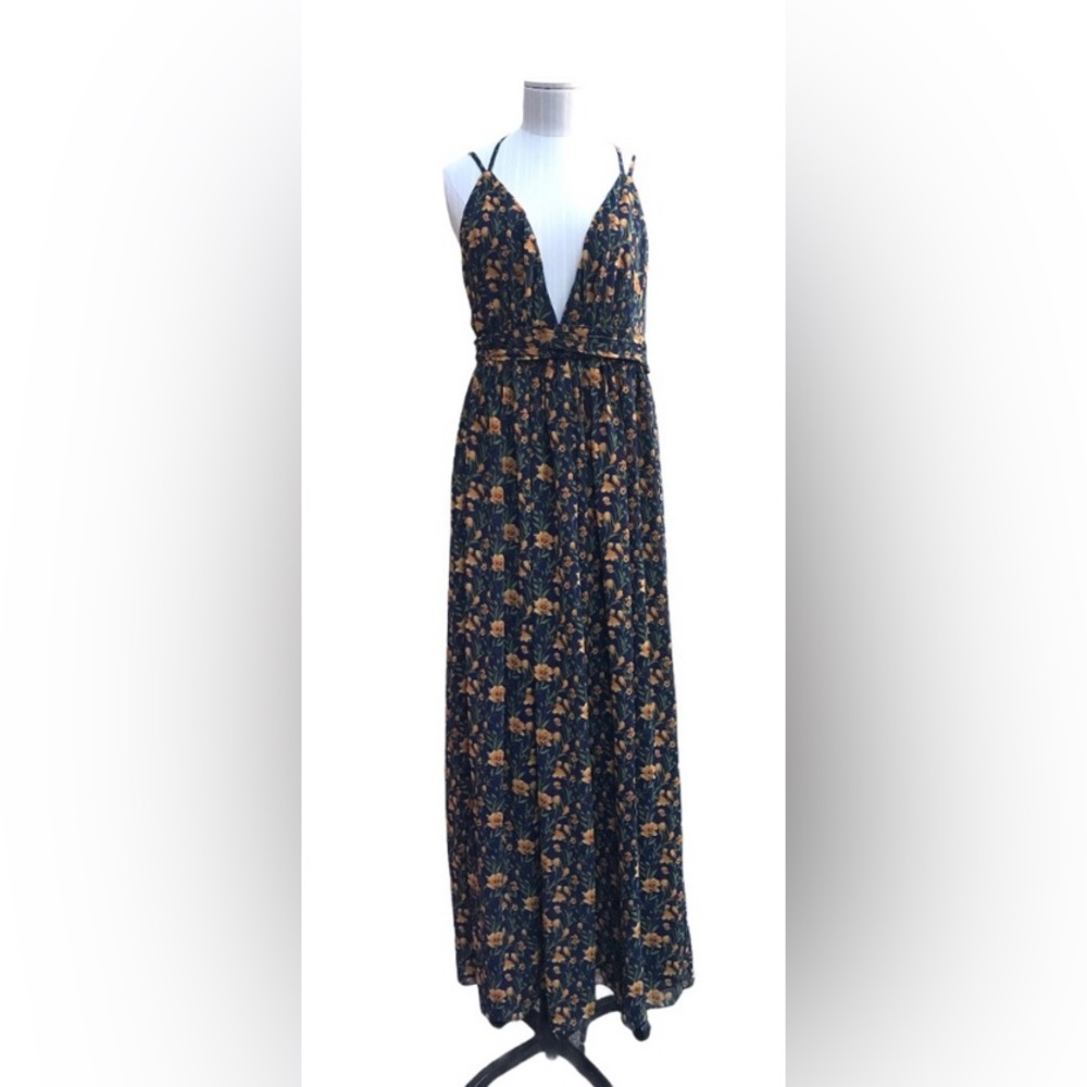 Lulu’s Blue & Golden Floral V-neckline Dress M ( 6 - 8)